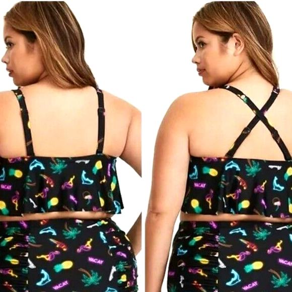 TORRID Women Large Black Neon Light Flamingo Dolphin Tropical Flounce Bikini Top - Picture 2 of 10